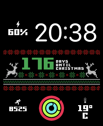 A festive Ugly Sweater watch face with pixelated reindeer, snowflakes, Christmas countdown, and activity stats like steps and weather.
