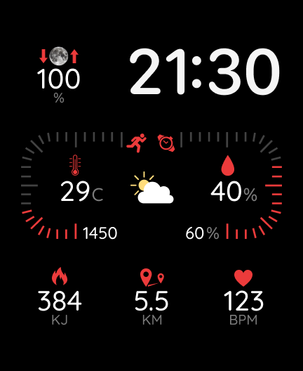 An Ultra Minimalist watch face featuring a clean layout with stats for temperature, heart rate, distance, and activity metrics.