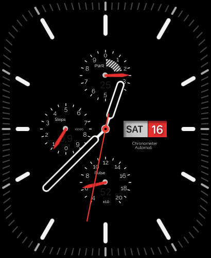 A Velocity Classic watch face featuring an analog design with subdials for power, steps, and pulse, blending elegance with functionality.