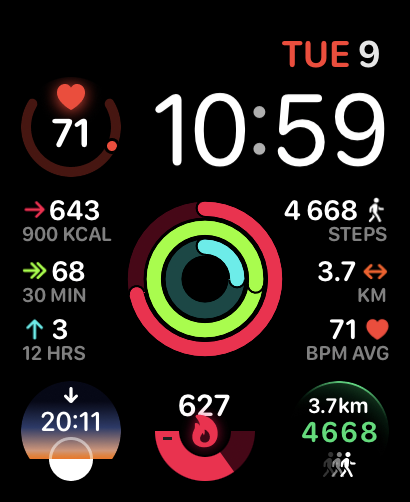 A Vital Arc watch face featuring vibrant activity rings and real-time stats for calories, steps, distance, and heart rate.