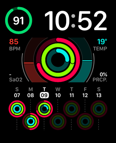 A Vital Calendar watch face featuring vibrant activity rings, real-time health stats, and a weekly calendar overview.