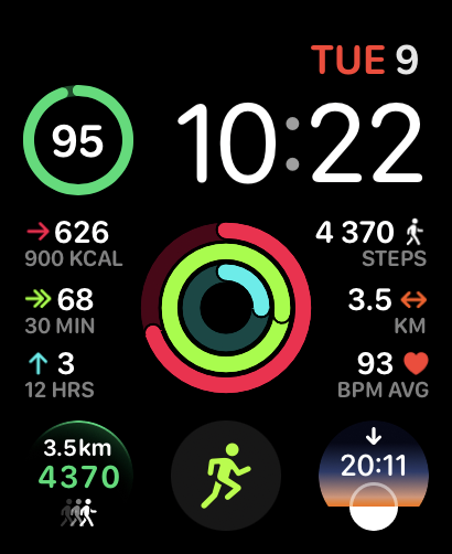 A Vital Stats watch face featuring vibrant activity rings and detailed metrics for steps, calories, distance, and heart rate.