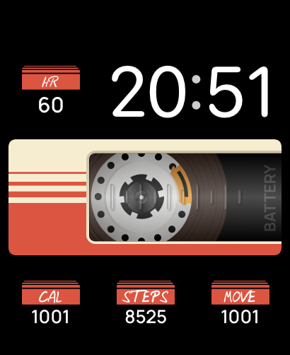 A Vol 1 watch face featuring a retro cassette design with integrated stats for heart rate, steps, and calories.