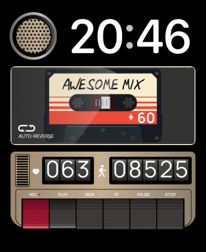 A Vol 2 watch face featuring a retro cassette labeled "Awesome Mix" with player controls and activity stats for heart rate and steps.