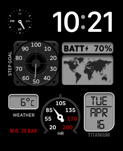 A World Status watch face featuring a global map, weather updates, heart rate monitor, and step tracking with a sleek design.