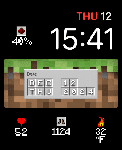 A Minecraft-inspired watch face with a pixelated grass block design and retro-style time display.