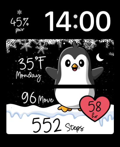 A winter-themed watch face featuring a cheerful penguin, snowy background, delicate snowflakes, and two rectangular complications