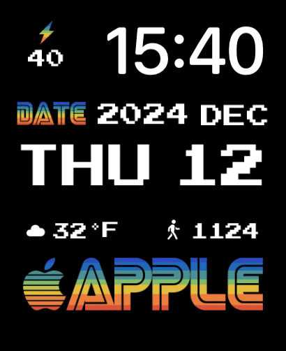 A Retro Apple watch face featuring pixel-style text, a rainbow apple logo, and classic tech-inspired aesthetics.