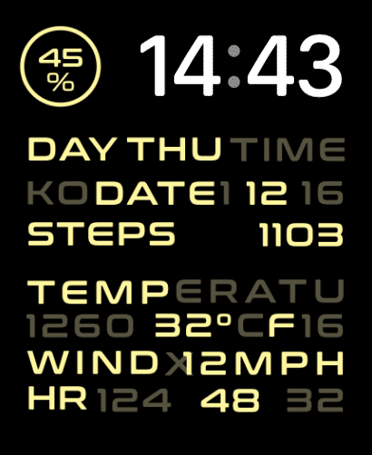 A Station Billboard watch face with bold typography, transit-inspired design, and detailed time and activity metrics