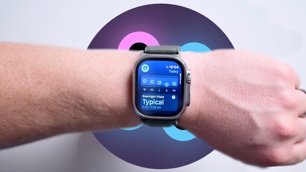 Apple Watch Ultra displaying the Vitals app with overnight health metrics, worn on a wrist