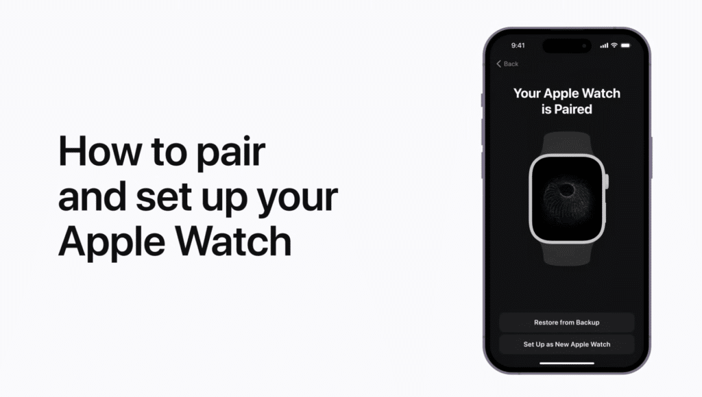 Apple Watch setup guide with iPhone showing pairing and setup options