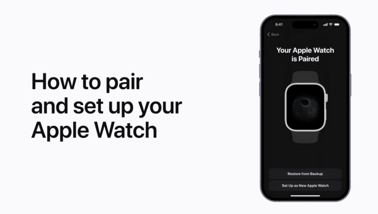 Apple Watch setup guide with iPhone screen displaying 'Your Apple Watch is Paired' and restore or new setup options.
