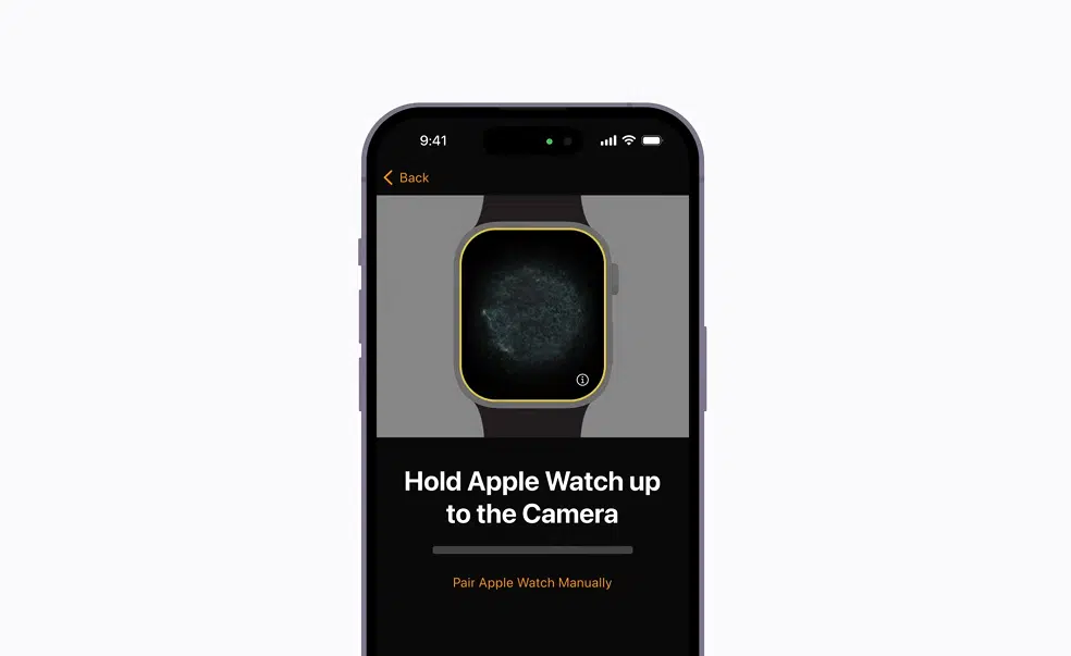 iPhone screen instructing to hold the Apple Watch up to the camera for pairing.