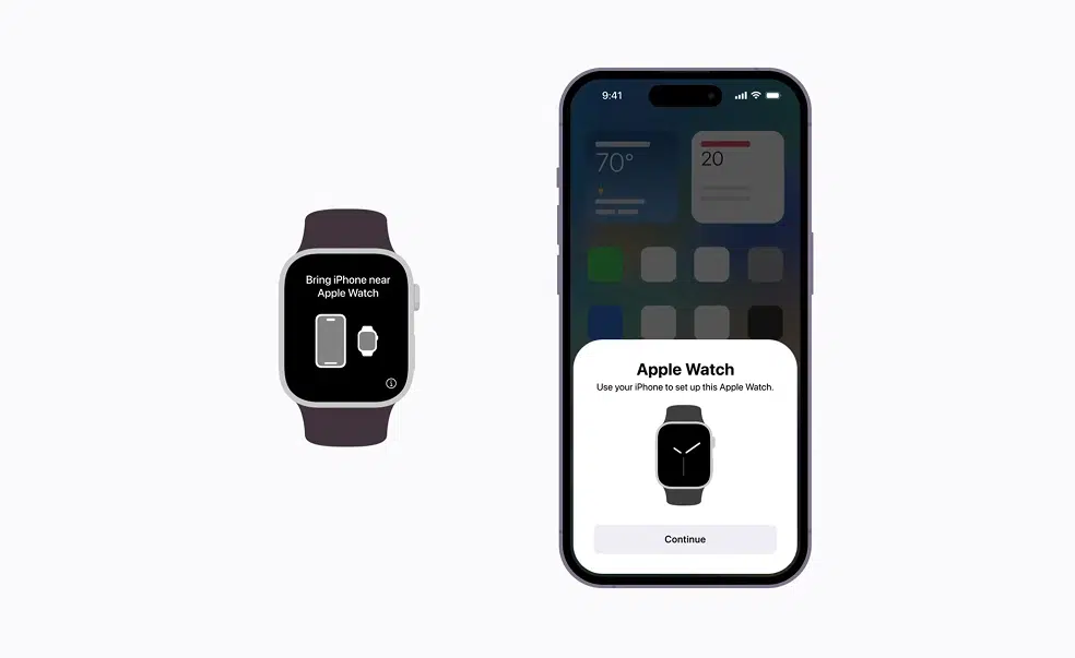 Apple Watch displaying 'Bring iPhone near Apple Watch' screen with an iPhone showing a pairing prompt.