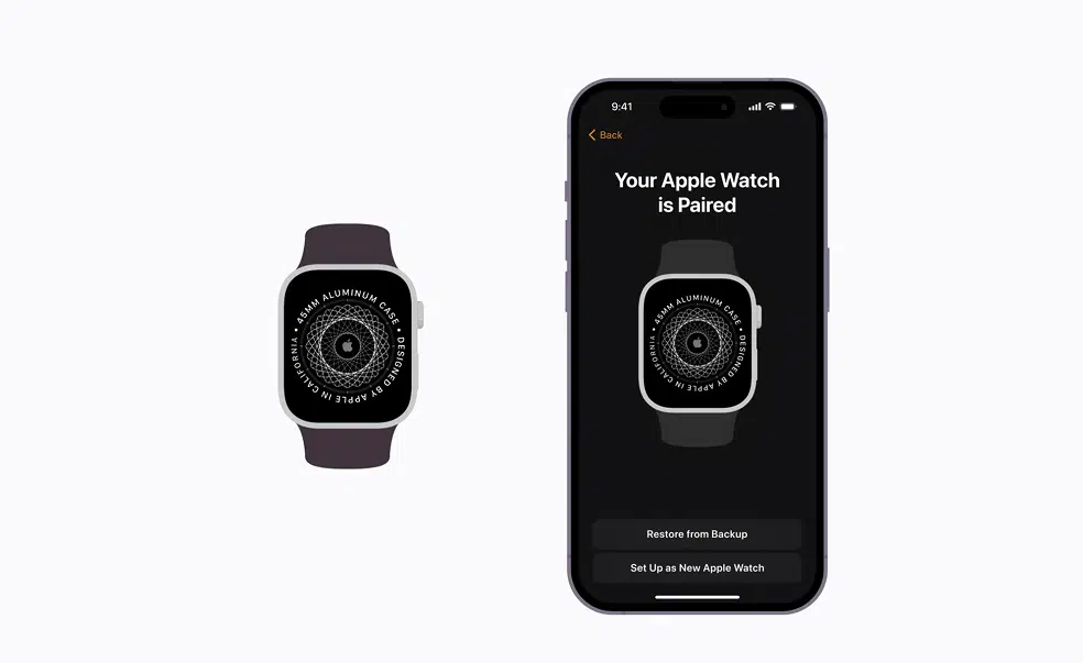 Apple Watch erfolgreich mit einem iPhone gekoppelt, das Optionen zur Wiederherstellung aus einem Backup oder zur Einrichtung als neues Gerät anzeigt.