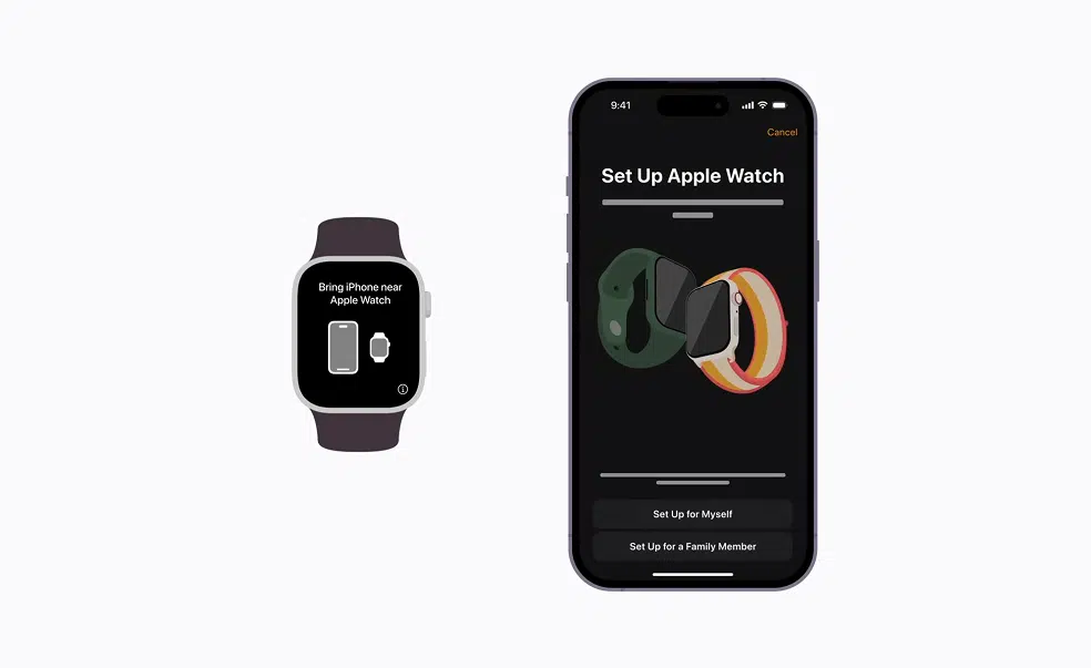 Écran de configuration de la montre Apple sur l'iPhone montrant les options pour configurer pour moi-même ou pour un membre de la famille.