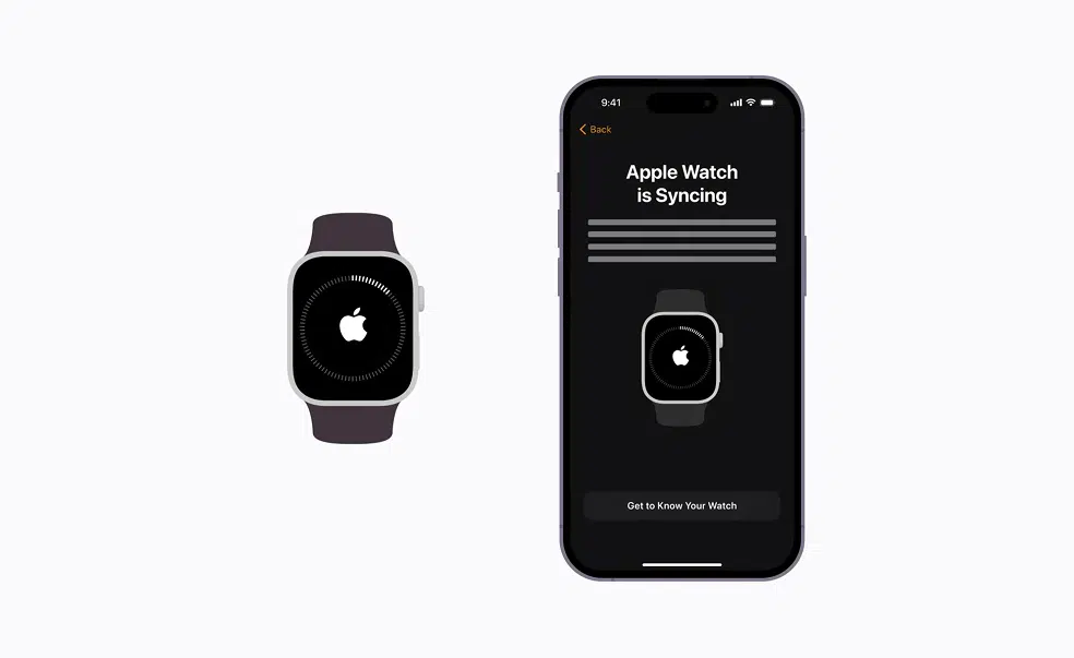 Apple Watch syncing with an iPhone displaying a progress indicator.