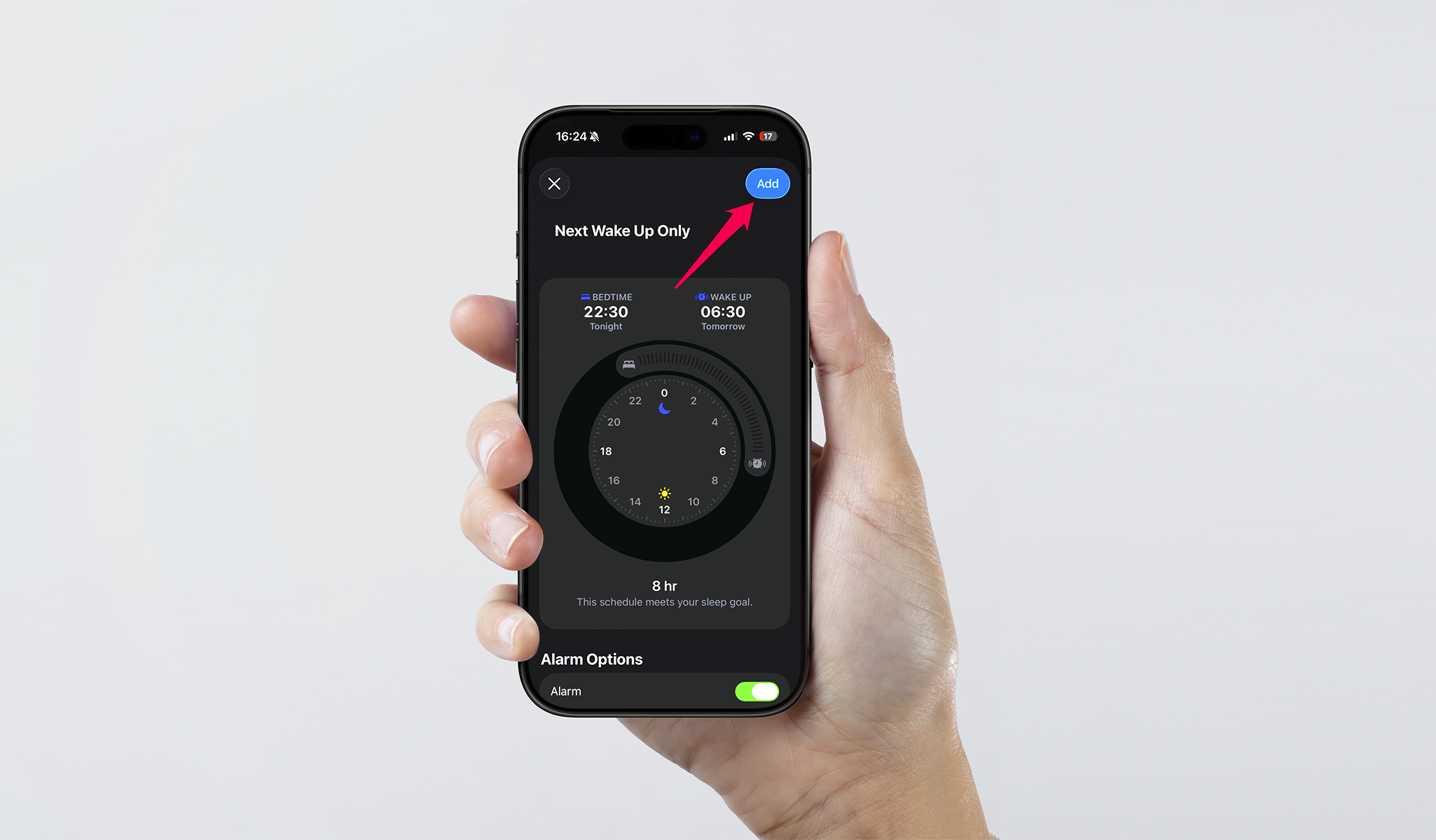 Sleep schedule screen on iPhone with Add highlighted for Apple Watch sleep tracking