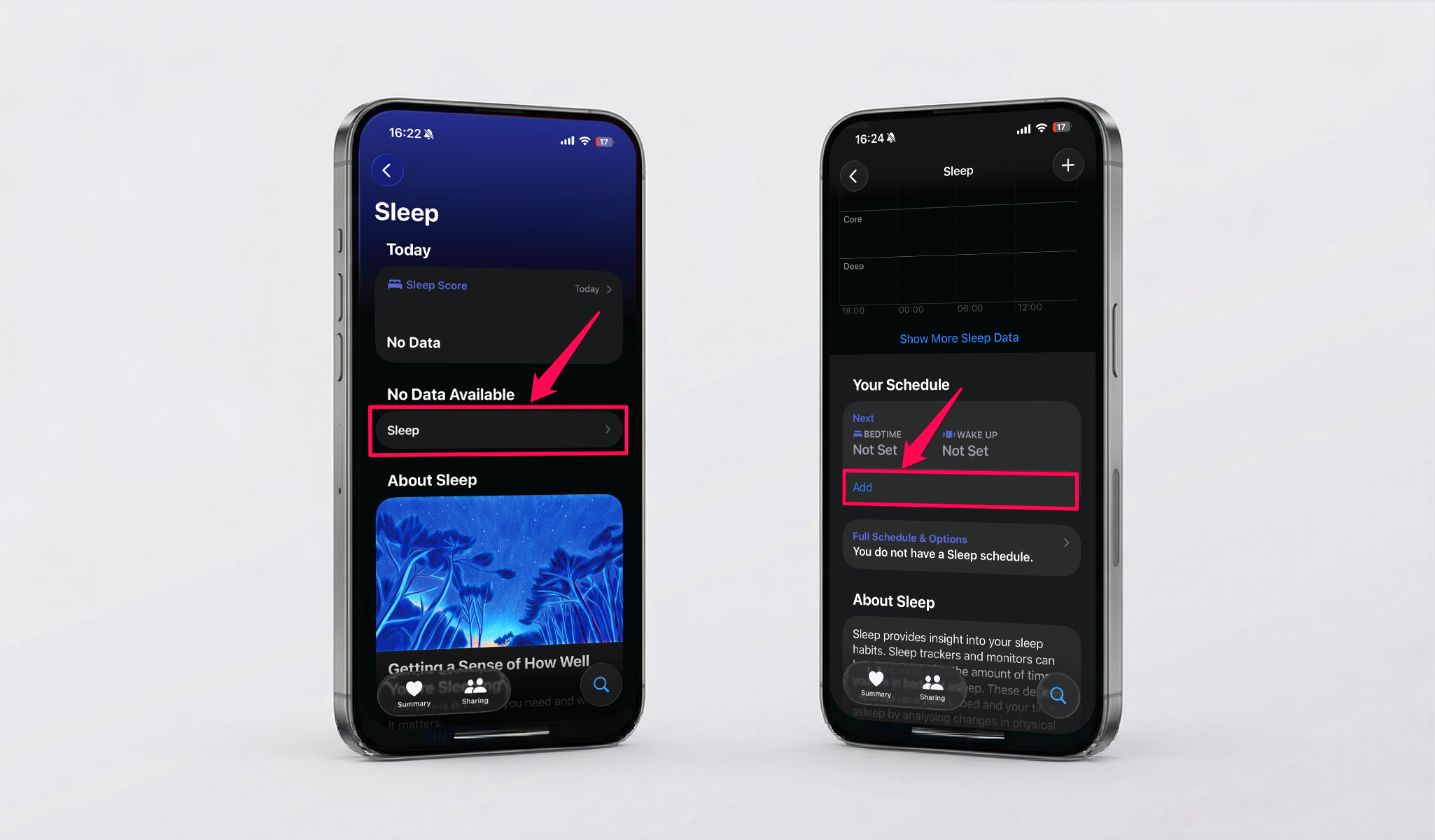 Health app Sleep section showing where to add a sleep schedule on iPhone