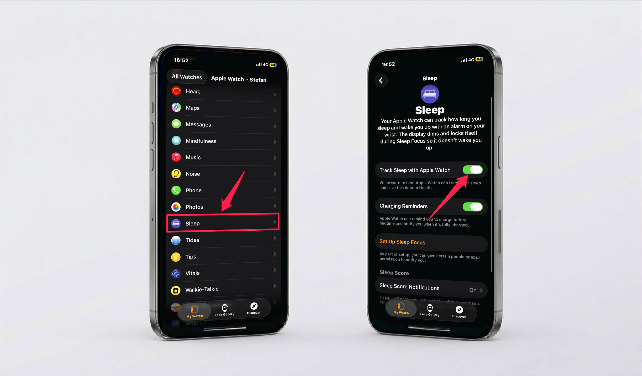 Watch app Sleep settings with Track Sleep with Apple Watch enabled