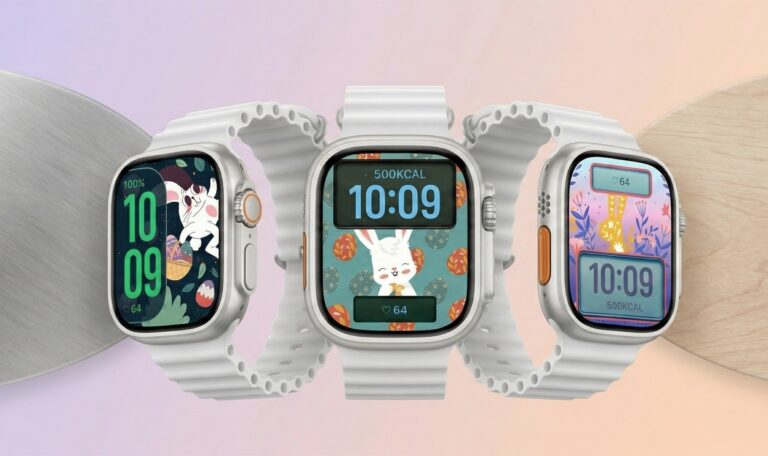 Three Apple Watches showing Easter-themed watch faces with bunny, eggs, and pastel spring artwork.