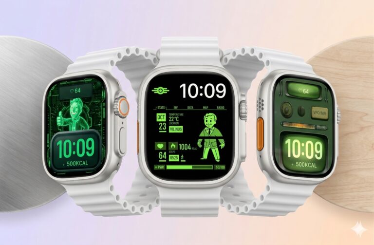 Fallout-inspired Apple Watch faces shown on three Apple Watches with pipboy-style screens and vault boy-inspired green terminal designs