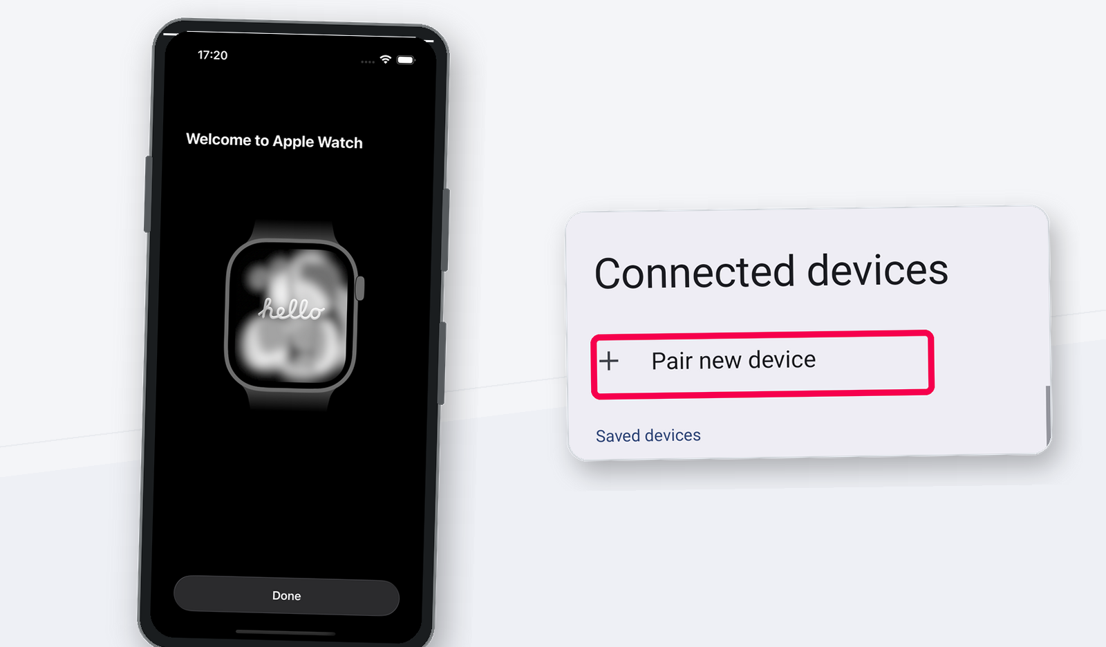 Actual Android Bluetooth settings and iPhone Watch app simulator screenshots showing that Apple Watch setup cannot be completed from Android.