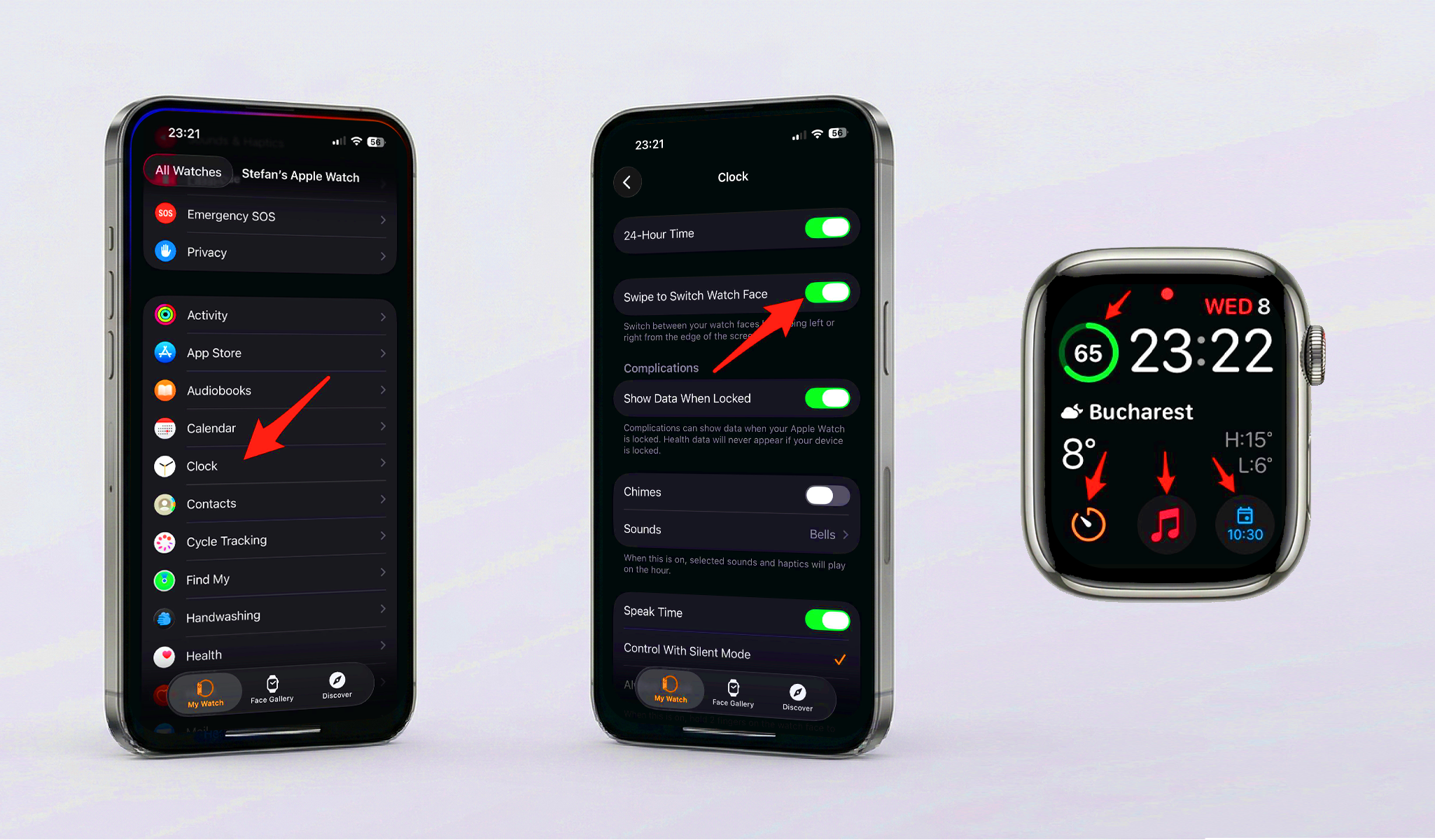 iPhone Watch app Clock settings with Swipe to Switch Watch Face enabled and Apple Watch complications highlighted