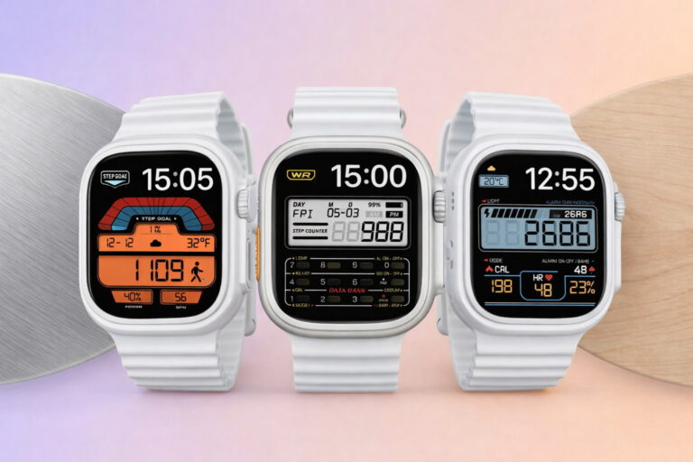 Three Apple Watches showing Casio Apple Watch faces with retro digital, calculator, and world-time inspired designs.
