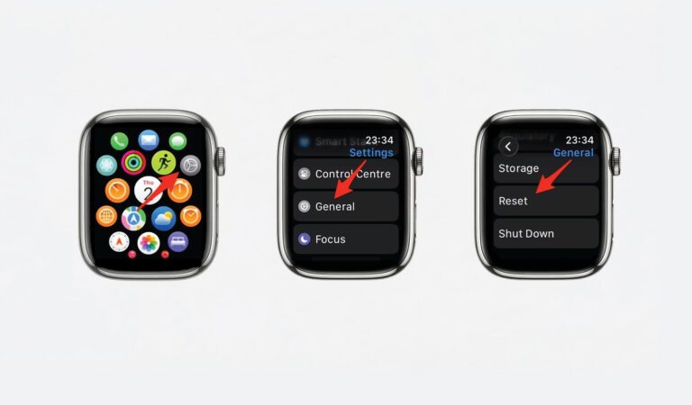 Apple Watch Settings, General, and Reset screens used to unpair a watch without the paired iPhone